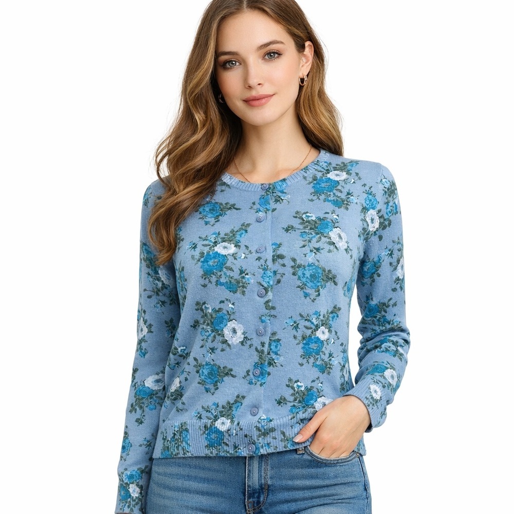 L.L Bean Blue Whimsical Botanical Grandmacore Floral Artsy Cardigan Sz-M